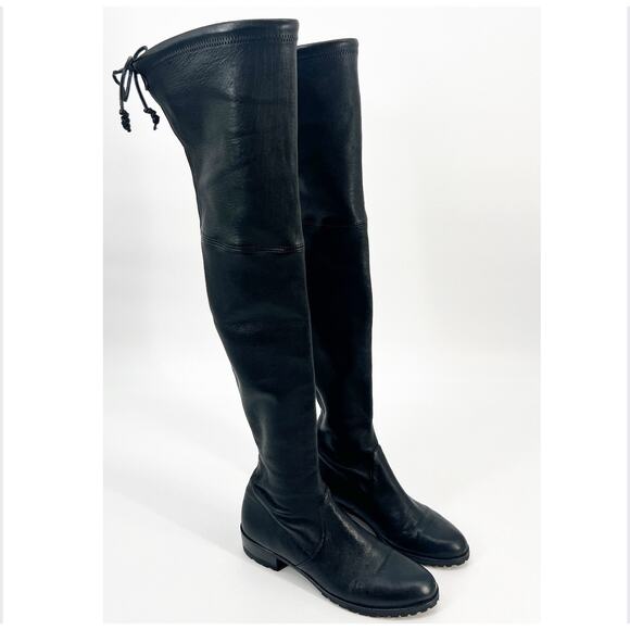 Stuart Weitzman Lowland Boots Women 7.5 Black Stretch Leather Over The Knee READ - Picture 1 of 11